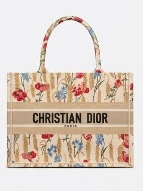 Dior Floral Canvas Tote in Beige with Red & Blue Flowers